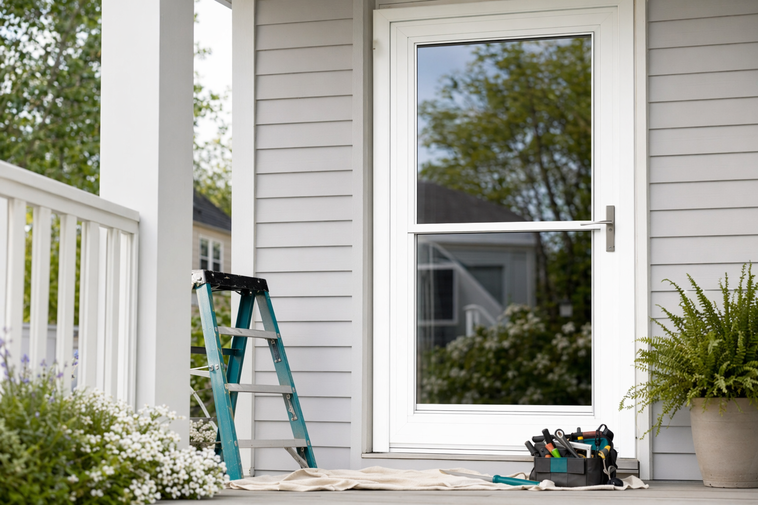 Storm door, screen, and storefront-style entry glass